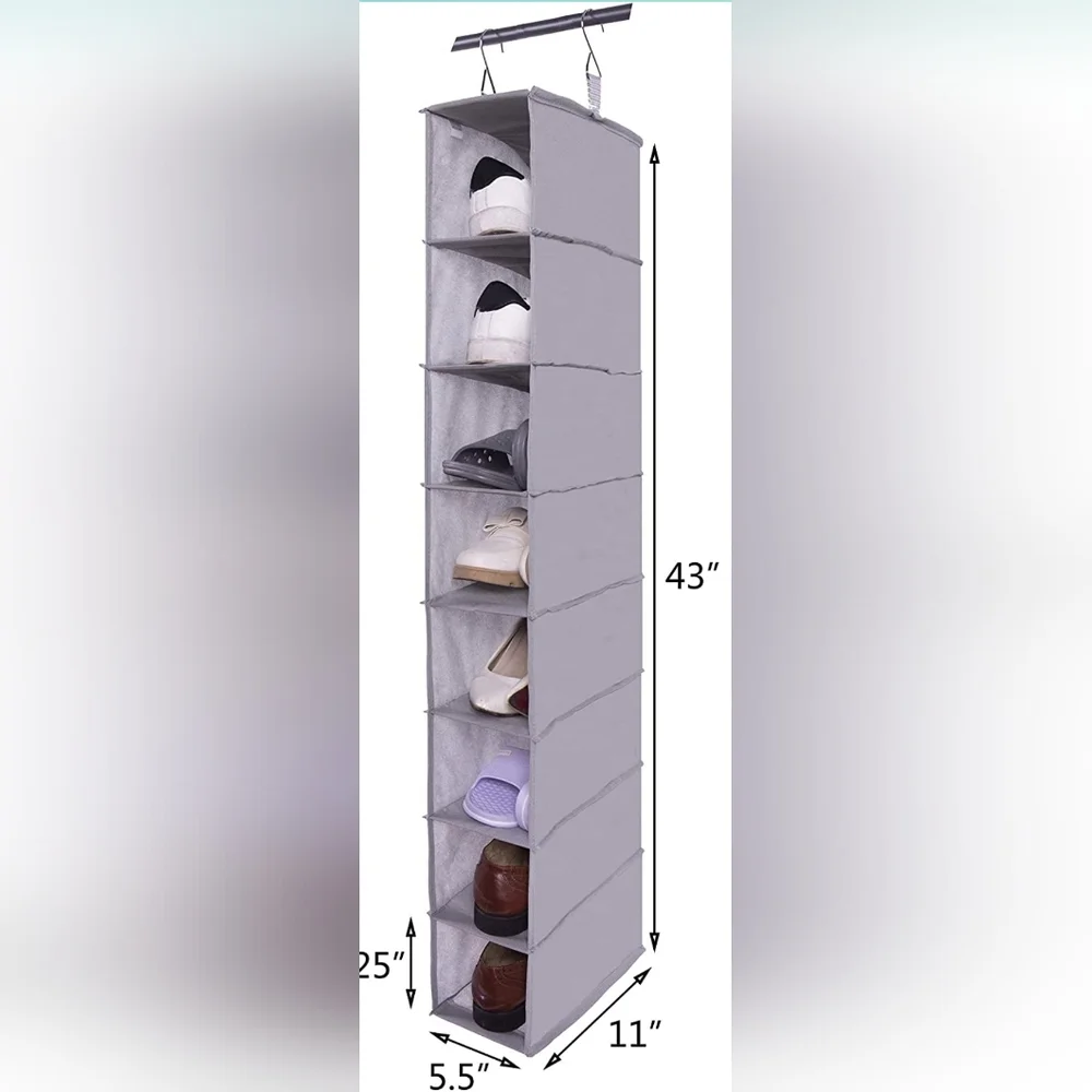 Hanging Shoe Shelves - 8 Section - Closet Organizer - Grey